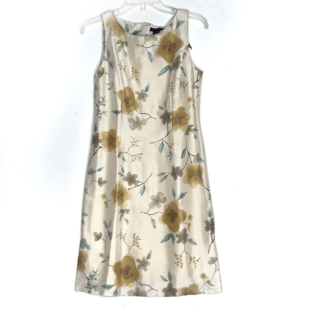 Ann Taylor Silk Sheath Dress Sz 8 Floral Cream Gold Sleeveless Midi Work Wedding